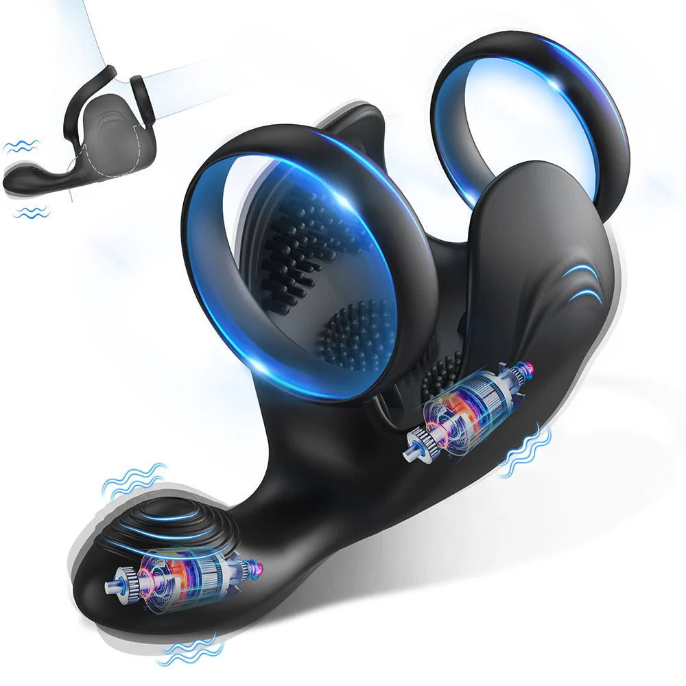 Vibrating Double Penis Cock Ring, 3 in 1 Male Vibrator Penis Ring with 10 Vibration Modes for Prostate Massager - AVYXO