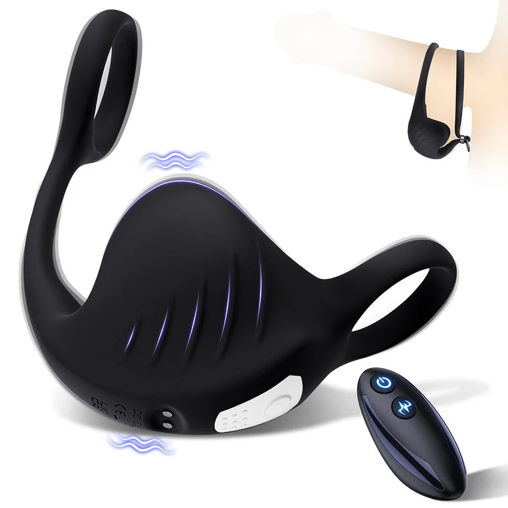 PreviousNext Vibrating Double Penis Cock Ring, 3 in 1 Male Vibrator Penis Ring with 10 Vibration Modes for Prostate Massager - AVYXO