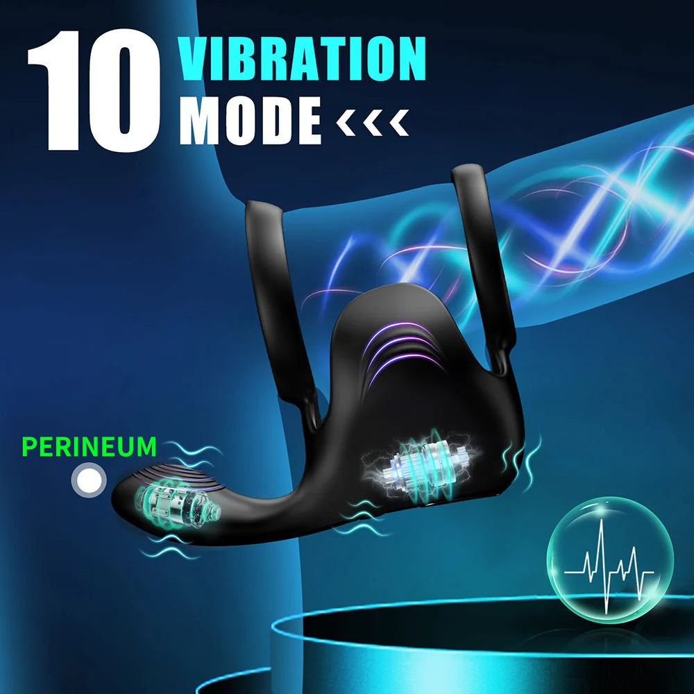 Vibrating Double Penis Cock Ring, 3 in 1 Male Vibrator Penis Ring with 10 Vibration Modes for Prostate Massager - AVYXO
