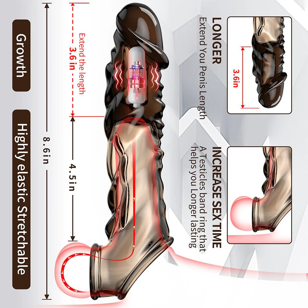 Ultra-Soft Reusable Vibrating Penis Sleeve with Cock Ring - 3.6 Inch Black Clear Penis Extender for Men and Couples - AVYXO