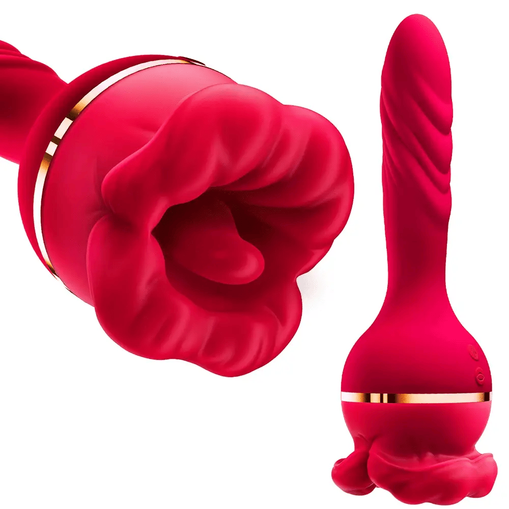 3-in-1 Vibrator Rose Sex Toy: Tongue Licking & Thrusting Dildo Vibrator. Couples' Adult Games for Clitoral, G Spot, and Anal Pleasure - AVYXO