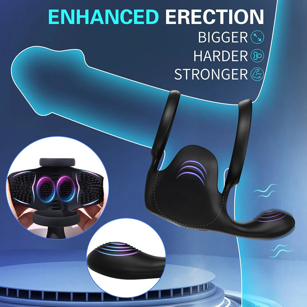 Vibrating Double Penis Cock Ring, 3 in 1 Male Vibrator Penis Ring with 10 Vibration Modes for Prostate Massager - AVYXO