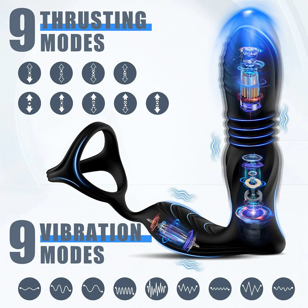 Thrusting Anal Vibrator Prostate Massager with Cock Ring - 3 in 1 Male Sex Toys with 9 Thrusting - AVYXO