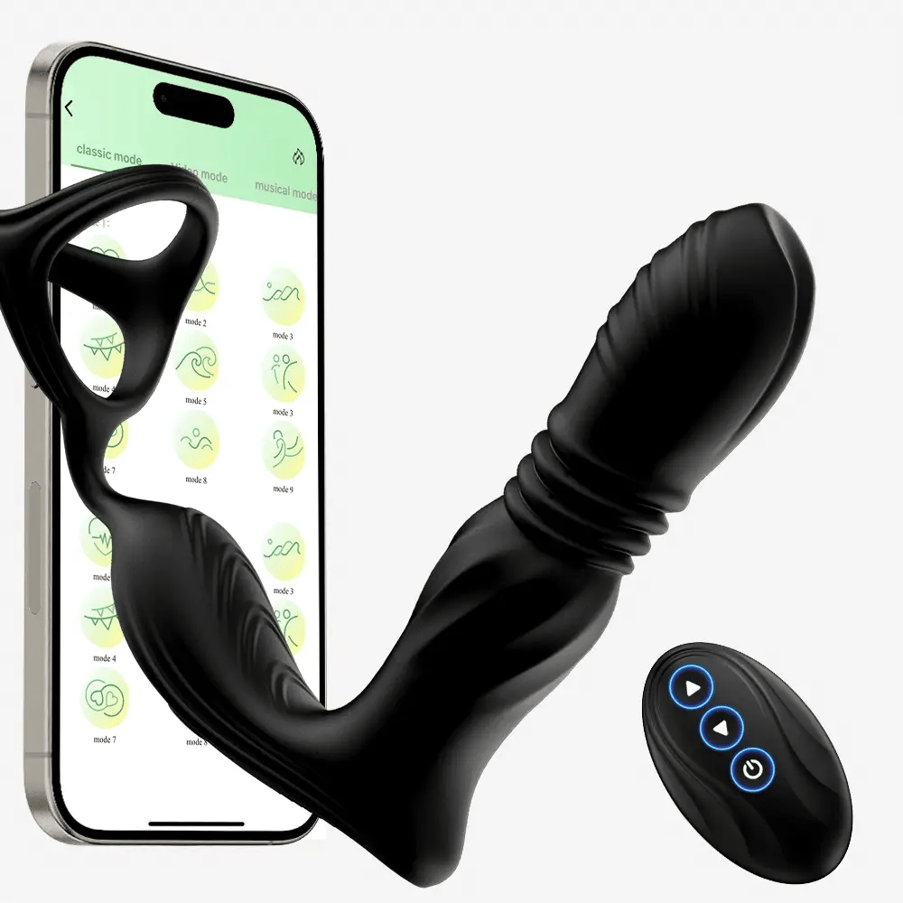Thrusting Anal Vibrator Prostate Massager with Cock Ring - 3 in 1 Male Sex Toys with 9 Thrusting - AVYXO