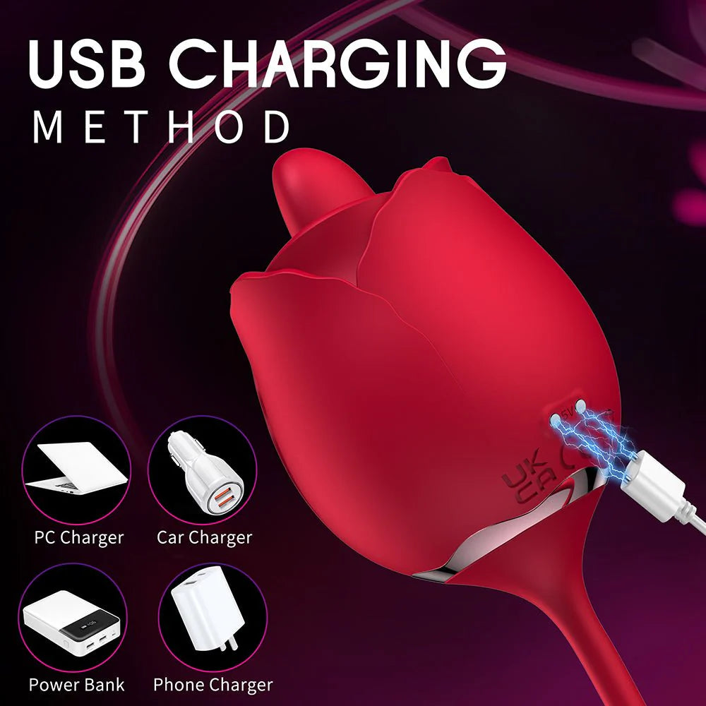 3-in-1 Rose Toy Vibrator: Clitoral Tongue Licking & Thrusting G Spot Stimulation - AVYXO