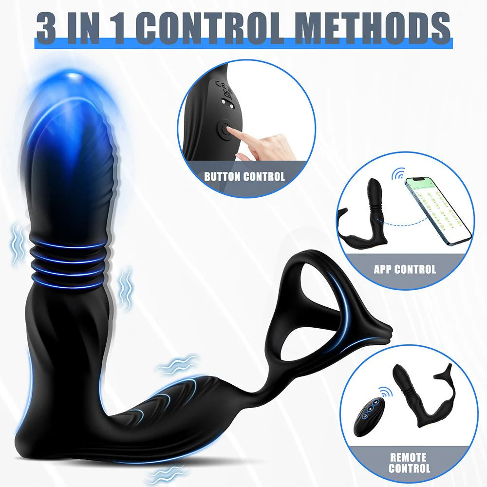 Thrusting Anal Vibrator Prostate Massager with Cock Ring - 3 in 1 Male Sex Toys with 9 Thrusting - AVYXO
