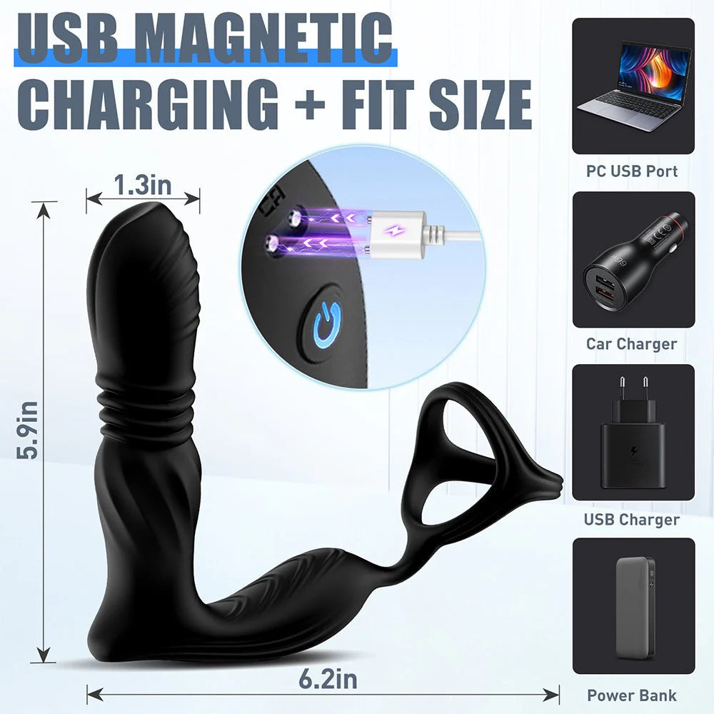 Thrusting Anal Vibrator Prostate Massager with Cock Ring - 3 in 1 Male Sex Toys with 9 Thrusting - AVYXO