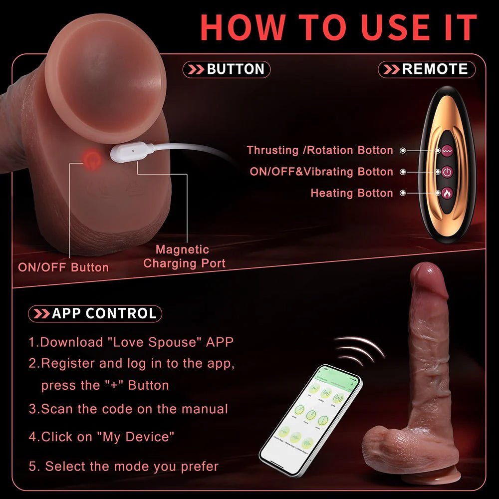Realistic Thrusting Dildo Vibrator Sex Toy - App and Remote Control Dildos with 5 Thrusting 10 Vibrating Modes Strong Suction Cup - AVYXO