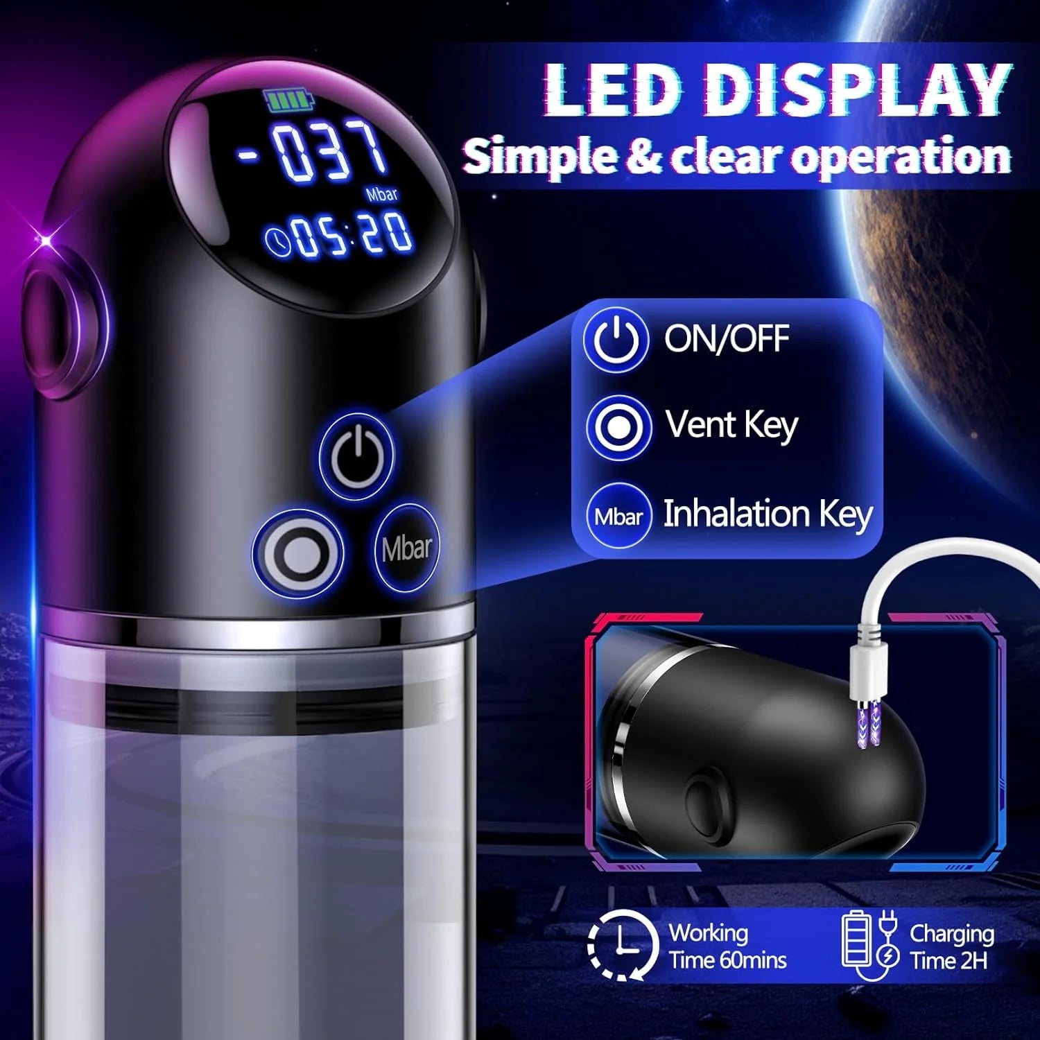 Upgraded Automatic Penis Pump LED Display Dick Vacuum Pump for ED Penis Extension Enlargement Trainer - AVYXO