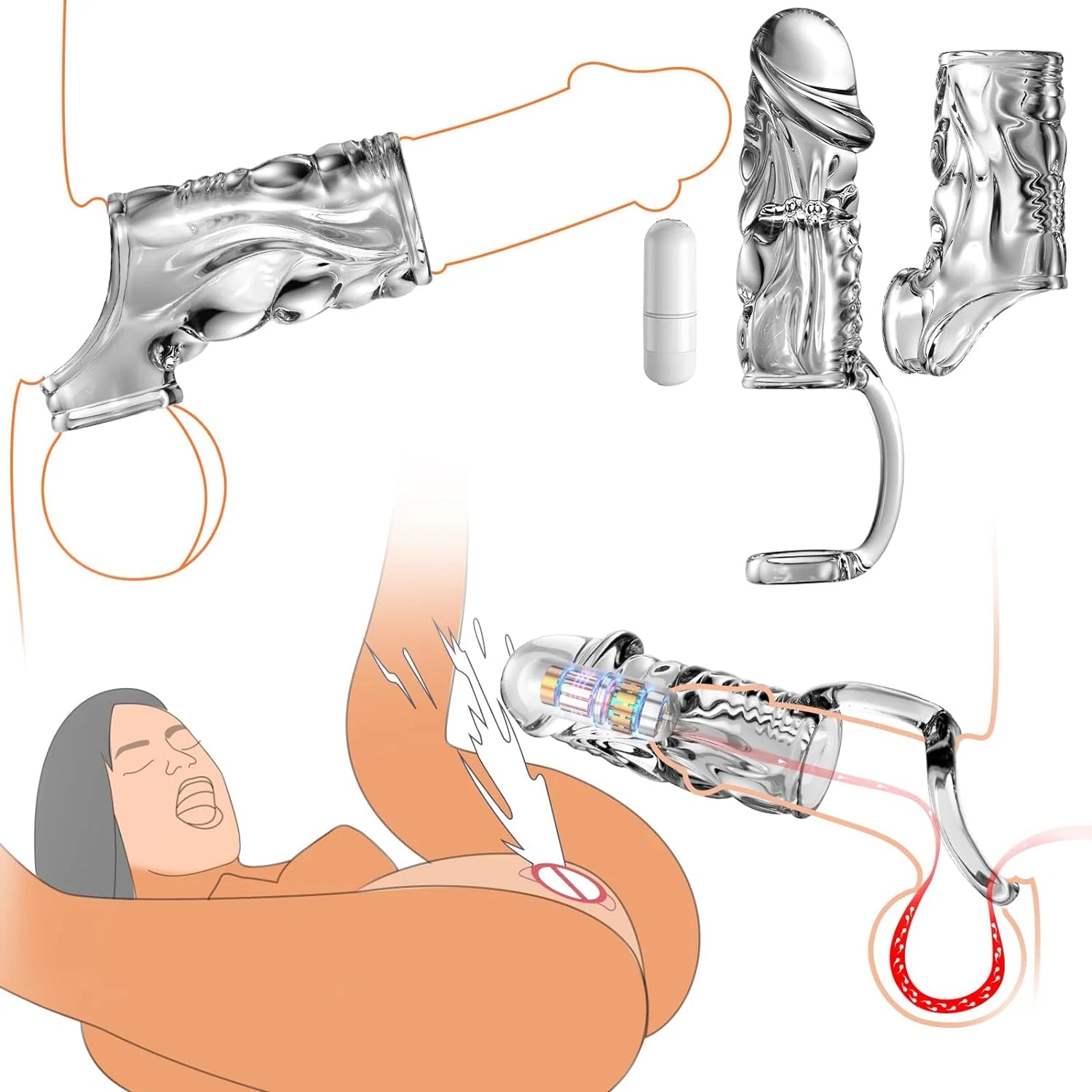 Penis Sleeve Cock Sleeve Sex Toys - 2 in 1 Clear Penis Ring Extender with Vibrator - AVYXO