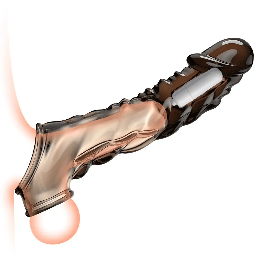 Ultra-Soft Reusable Vibrating Penis Sleeve with Cock Ring - 3.6 Inch Black Clear Penis Extender for Men and Couples - AVYXO