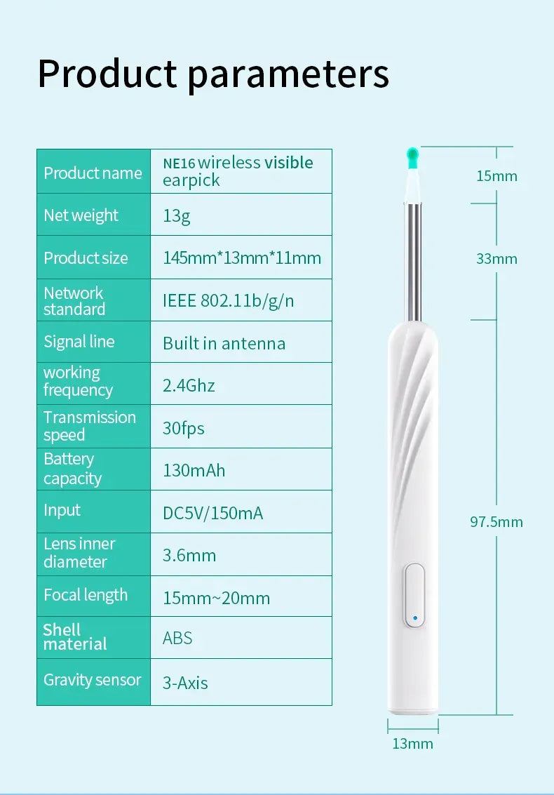 WiFi Link NE16 Hard Visual Ear Digging Spoon Ear Digging Spoon Wireless Cleaning Endoscope High Definition Ear Collecting Tool - AVYXO