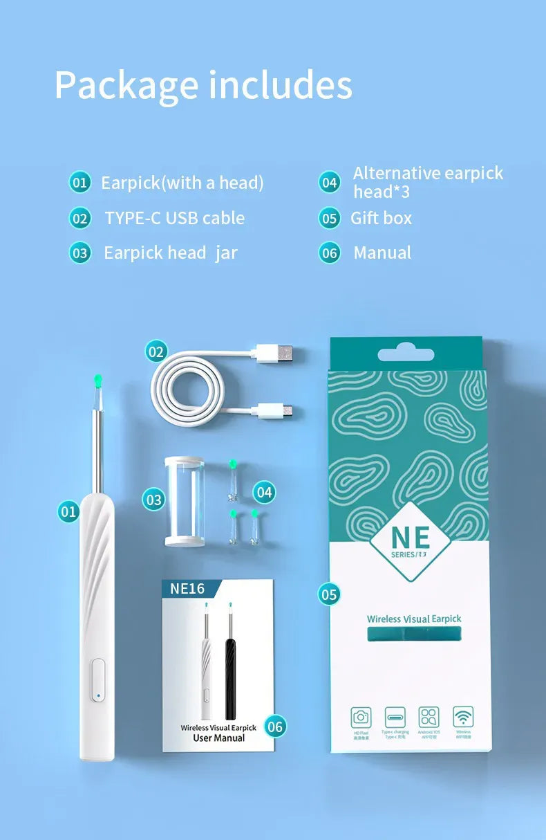 WiFi Link NE16 Hard Visual Ear Digging Spoon Ear Digging Spoon Wireless Cleaning Endoscope High Definition Ear Collecting Tool - AVYXO